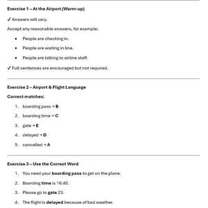 May include: A white document with black text titled "Travel English A2 - Step 1" and "Answer Key". The document covers airport vocabulary and exercises, including matching and fill-in-the-blank questions.