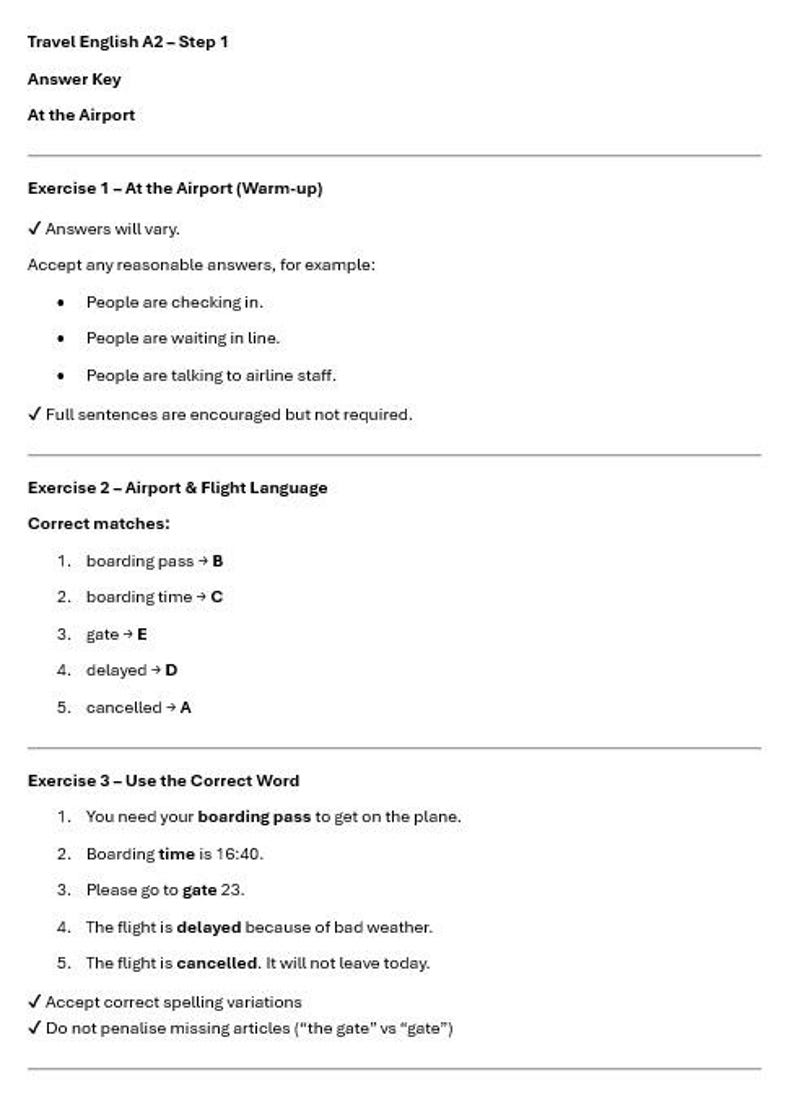 May include: A white document with black text titled "Travel English A2 - Step 1" and "Answer Key". The document covers airport vocabulary and exercises, including matching and fill-in-the-blank questions.
