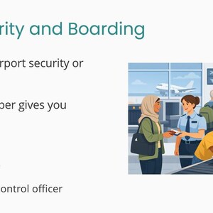 May include: Illustration of an airport security scene. People are interacting with staff members and going through security. The text "At Security and Boarding" is at the top. A plane is visible through a window.