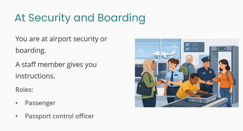 May include: Illustration of an airport security scene. People are interacting with staff members and going through security. The text "At Security and Boarding" is at the top. A plane is visible through a window.