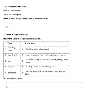 May include: A white worksheet titled "Travel English A2 - Step 1 Worksheet" with sections on airport vocabulary. Includes fill-in-the-blank exercises and matching activities for terms like "boarding pass" and "delayed".