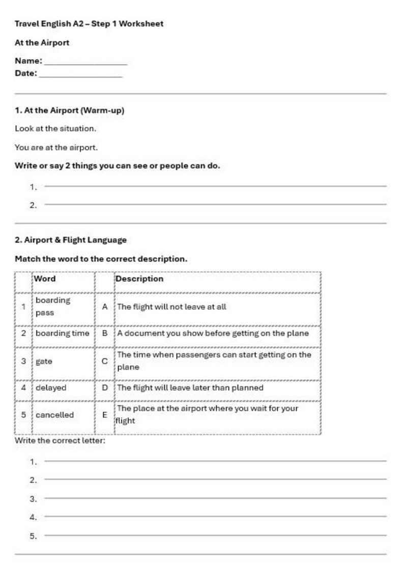 May include: A white worksheet titled "Travel English A2 - Step 1 Worksheet" with sections on airport vocabulary. Includes fill-in-the-blank exercises and matching activities for terms like "boarding pass" and "delayed".