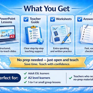 May include: An educational graphic with the title "What You Get" against a blue sky background. It showcases PowerPoint lessons, a teacher guide, worksheets, and answer keys. The text includes "No prep needed - just open and teach."