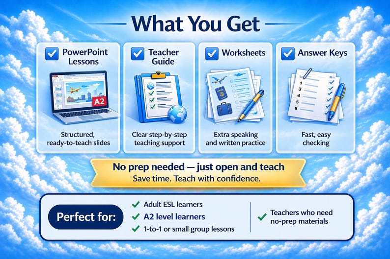 May include: An educational graphic with the title "What You Get" against a blue sky background. It showcases PowerPoint lessons, a teacher guide, worksheets, and answer keys. The text includes "No prep needed - just open and teach."