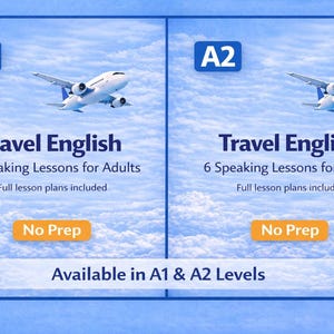 May include: A blue graphic with two sections, each featuring a plane flying in a cloudy sky. Text reads "Travel English" with details about lessons for adults, lesson plans, and "No Prep." The levels are A1 and A2.