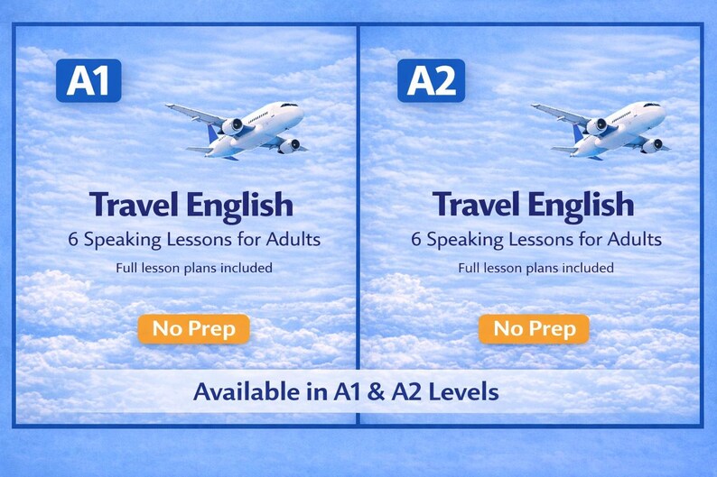 May include: A blue graphic with two sections, each featuring a plane flying in a cloudy sky. Text reads "Travel English" with details about lessons for adults, lesson plans, and "No Prep." The levels are A1 and A2.