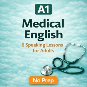 Puede incluir: Un gráfico turquesa y blanco que promociona clases de "Inglés Médico" para adultos. La imagen incluye un estetoscopio verde y el texto "A1 Medical English 6 Speaking Lessons for Adults No Prep".