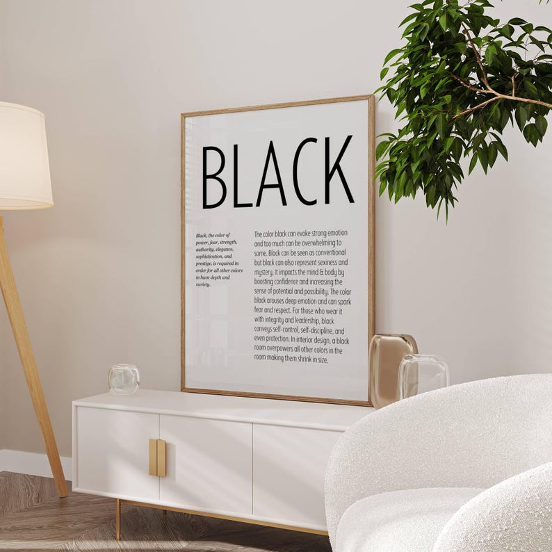 Minimalist Black Color Meaning Print, Typography Wall Art, Power and ...