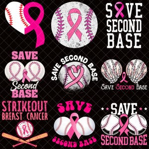 May include: A collection of baseball-themed designs with pink ribbons, promoting breast cancer awareness. The designs include baseballs, hearts, and text such as "Save Second Base" and "Strikeout Breast Cancer."