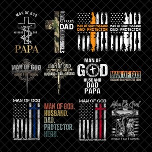 Może przedstawiać: Kolekcja grafik z motywami religijnymi i patriotycznymi. Projekty obejmują krzyże, amerykańskie flagi i tekst, taki jak „Man of God”, „Husband”, „Dad” i „Protector”. Paleta kolorów obejmuje czerń, biel i różne odcienie czerwieni, niebieskiego i pomarańczowego.