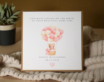 Baby Girl Card – Hot Air Balloon Teddy, New Arrival Keepsake
