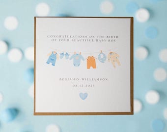 Baby Boy Congratulations Card – Clothesline Design, Keepsake Gift