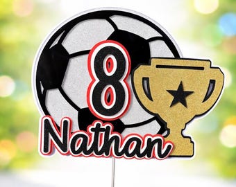 Personalised Football Birthday Cake Topper, Soccer Trophy Name Age Decoration
