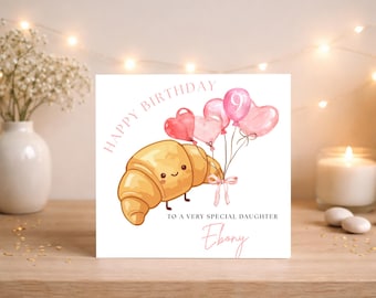 Personalised Birthday Card: Smiling Croissant with Balloons, Any Age/Relation