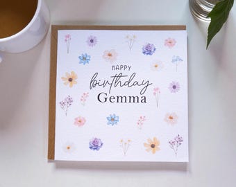 Personalised Birthday Card | Custom Name Floral Design | Handmade 6x6 Greeting Card