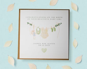 Baby Girl Congratulations Card – Clothesline Design, Keepsake Gift