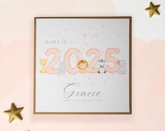 Personalised Safari Animal New Baby Card – Born in 2026 Keepsake
