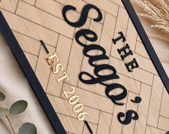 Personalised Wooden Family Name Sign | Custom Anniversary, Wedding & Housewarming Gift | Herringbone Wall Plaque