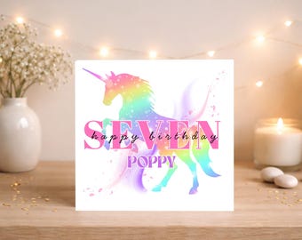 Personalised Rainbow Unicorn Birthday Card – Custom Name, Any Age (6x6 inches)