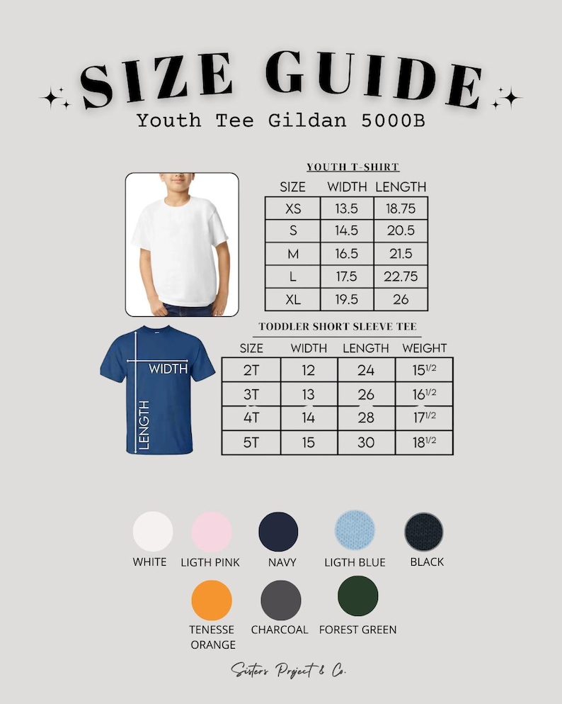 K&ouml;nnte beinhalten: Eine Gr&ouml;&szlig;entabelle f&uuml;r Jugend-T-Shirts und Kurzarm-T-Shirts f&uuml;r Kleinkinder. Der Leitfaden enth&auml;lt Ma&szlig;e f&uuml;r Breite, L&auml;nge und Gewicht in Zoll. Farboptionen sind Wei&szlig;, Hellrosa, Marineblau, Hellblau und Schwarz.