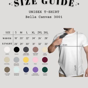 K&ouml;nnte beinhalten: Gr&ouml;&szlig;entabelle f&uuml;r ein Unisex-T-Shirt Bella Canvas 3001. Die Tabelle zeigt Ma&szlig;e f&uuml;r die Gr&ouml;&szlig;en S bis 3XL, mit Breiten von 45.7 bis 71.1 cm und L&auml;ngen von 71.1 bis 83.8 cm. Farboptionen: Wei&szlig;, Schwarz, Heather Grey und mehr.