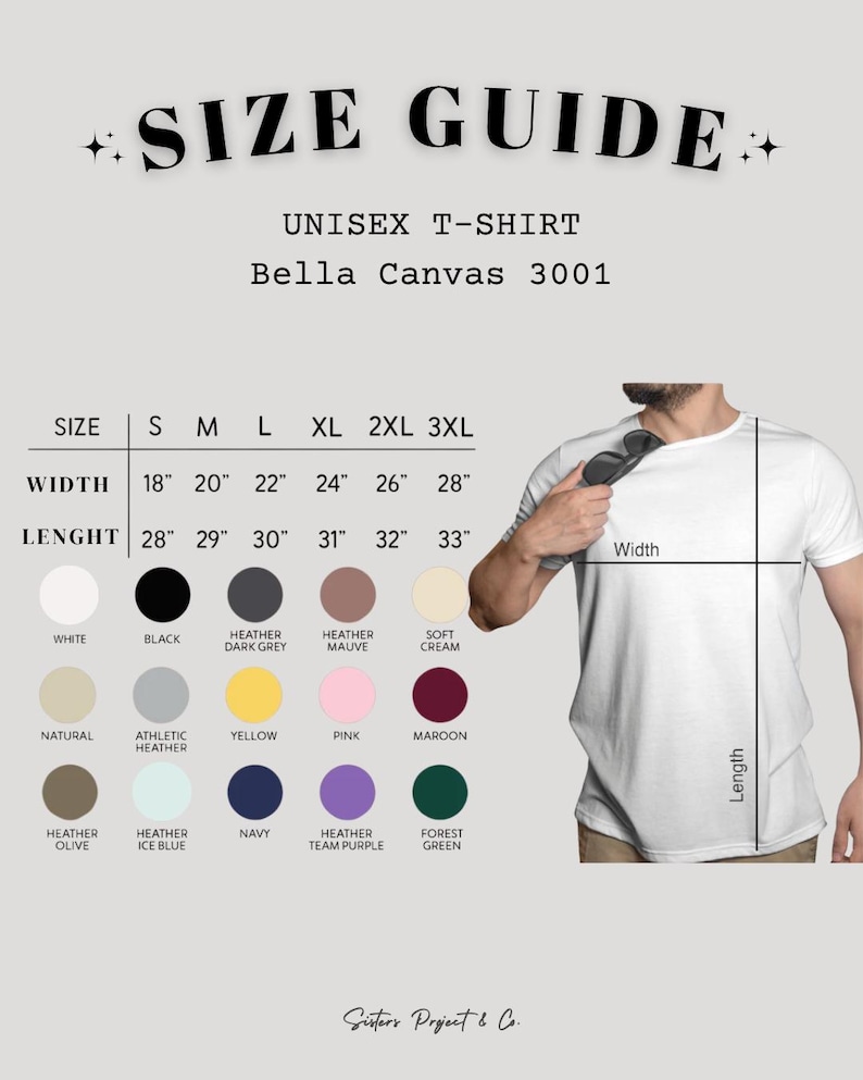 K&ouml;nnte beinhalten: Gr&ouml;&szlig;entabelle f&uuml;r ein Unisex-T-Shirt Bella Canvas 3001. Die Tabelle zeigt Ma&szlig;e f&uuml;r die Gr&ouml;&szlig;en S bis 3XL, mit Breiten von 45.7 bis 71.1 cm und L&auml;ngen von 71.1 bis 83.8 cm. Farboptionen: Wei&szlig;, Schwarz, Heather Grey und mehr.