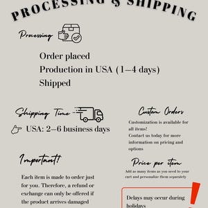 K&ouml;nnte beinhalten: Grafik mit Informationen zu Bestellabwicklung und Versand. Text enth&auml;lt "PROCESSING & SHIPPING", Bestellphasen und einen Hinweis auf m&ouml;gliche Verz&ouml;gerungen w&auml;hrend der Feiertage. Sonderanfertigungen werden ebenfalls erw&auml;hnt.