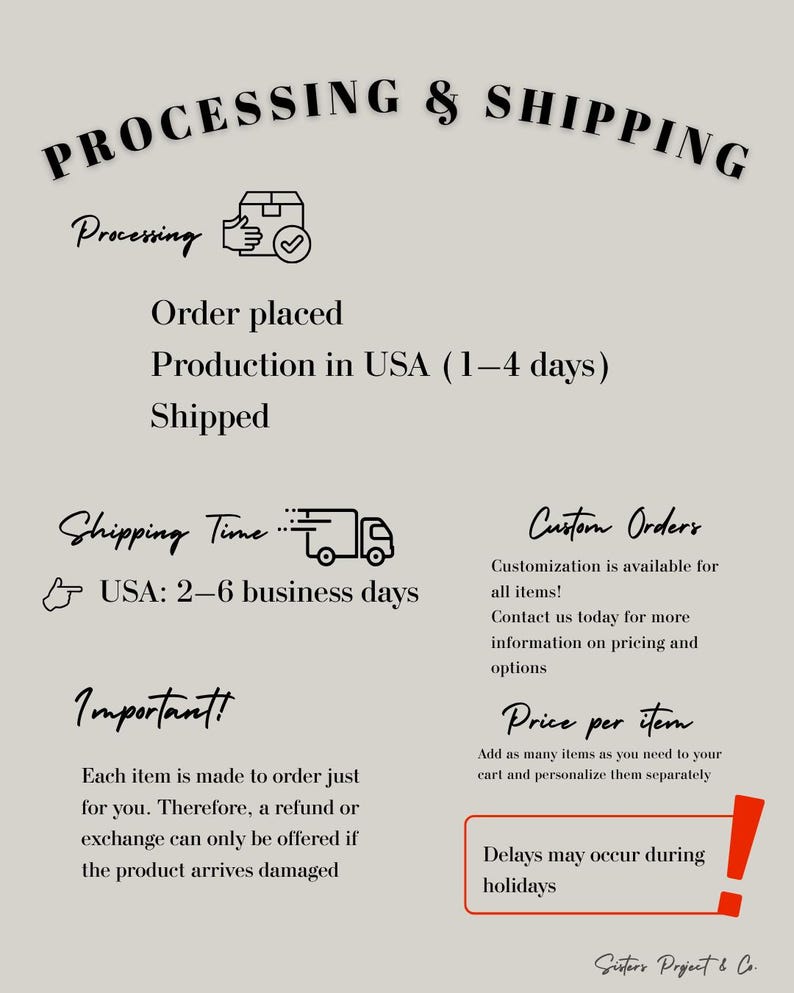 K&ouml;nnte beinhalten: Grafik mit Informationen zu Bestellabwicklung und Versand. Text enth&auml;lt "PROCESSING & SHIPPING", Bestellphasen und einen Hinweis auf m&ouml;gliche Verz&ouml;gerungen w&auml;hrend der Feiertage. Sonderanfertigungen werden ebenfalls erw&auml;hnt.