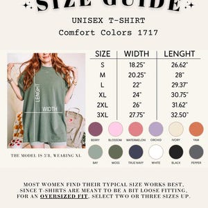 K&ouml;nnte beinhalten: Gr&ouml;&szlig;entabelle f&uuml;r ein Unisex-T-Shirt, Comfort Colors 1717. Die Tabelle zeigt Ma&szlig;e in cm f&uuml;r die Gr&ouml;&szlig;en S bis 3XL. Das Model ist 173 cm gro&szlig; und tr&auml;gt XL. Farboptionen: Berry, Blossom, Watermelon, Orchid, Ivory, Yam, Bay, Moss, True Navy, White, Black, Pepper.