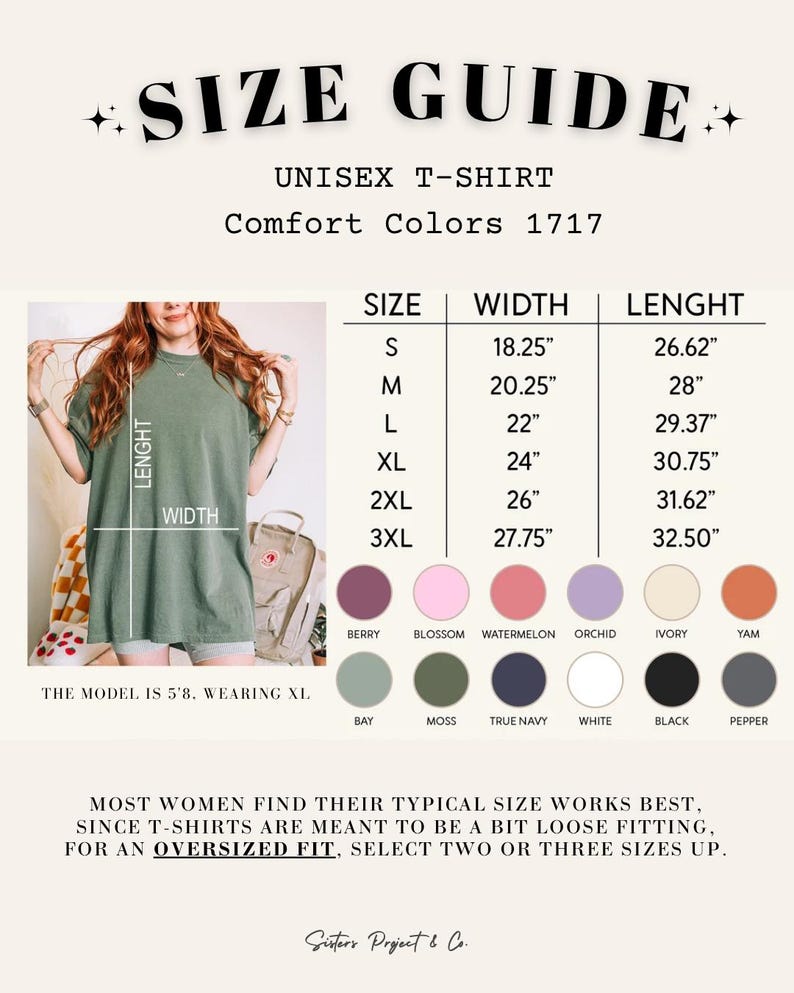 K&ouml;nnte beinhalten: Gr&ouml;&szlig;entabelle f&uuml;r ein Unisex-T-Shirt, Comfort Colors 1717. Die Tabelle zeigt Ma&szlig;e in cm f&uuml;r die Gr&ouml;&szlig;en S bis 3XL. Das Model ist 173 cm gro&szlig; und tr&auml;gt XL. Farboptionen: Berry, Blossom, Watermelon, Orchid, Ivory, Yam, Bay, Moss, True Navy, White, Black, Pepper.