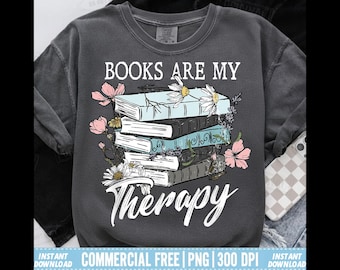 Retro Blumenbuch PNG, Bücher sind meine Therapie Sublimationsdesign (digitaler Download)