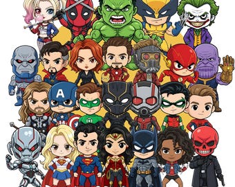 40 Chibi Superhjältar och Skurkar Clipart-paket | Söta seriefigurer | Perfekt för klistermärken, utskrifter och mer (digital nedladdning)