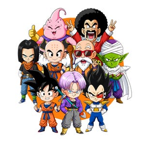 May include: A group of cartoon characters from the Dragon Ball series, set against an orange circle. The characters are diverse in appearance, with varying skin tones, hair colors, and outfits. The image is a colorful illustration with a white background.