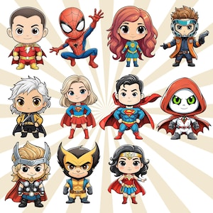 Puede incluir: Ilustraci&oacute;n de personajes de superh&eacute;roes estilo chibi, incluyendo a Spider-Man y Superman. La imagen presenta una variedad de h&eacute;roes, cada uno con trajes y caracter&iacute;sticas distintivas, en un estilo juguet&oacute;n y caricaturesco, ideal para los fan&aacute;ticos de los c&oacute;mics.
