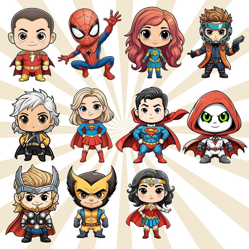 Puede incluir: Ilustraci&oacute;n de personajes de superh&eacute;roes estilo chibi, incluyendo a Spider-Man y Superman. La imagen presenta una variedad de h&eacute;roes, cada uno con trajes y caracter&iacute;sticas distintivas, en un estilo juguet&oacute;n y caricaturesco, ideal para los fan&aacute;ticos de los c&oacute;mics.