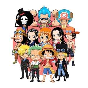 Może przedstawiać: Kolorowa ilustracja przedstawiająca grupę postaci z kreskówki z serii anime One Piece. Postacie są przedstawione z przesadzonymi cechami i żywymi kolorami, na różowym tle.