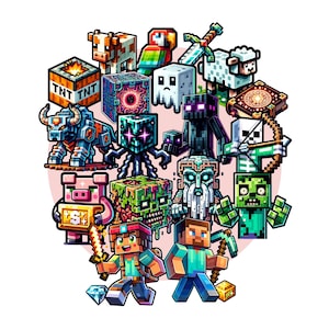 Könnte beinhalten: Eine farbenfrohe Illustration mit verschiedenen Charakteren und Objekten aus dem Videospiel Minecraft. Das Bild zeigt eine Kuh, einen Papagei, ein Schaf, einen Zombie und andere pixelige Figuren. Die Charaktere sind kreisförmig vor weißem Hintergrund angeordnet.