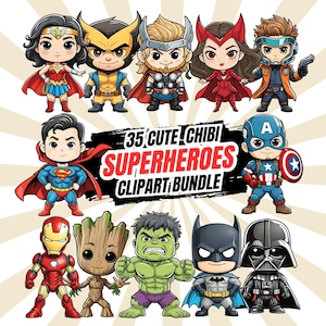 以下が含まれることがあります： ワンダーウーマン、ウルヴァリン、ソーなど、12人のちびスタイルのスーパーヒーローキャラクターのコレクション。画像には「35 Cute Chibi Superheroes Clipart Bundle」と書かれたバナーがあります。