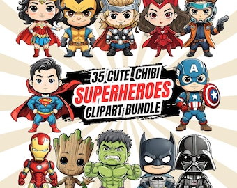 Chibi Superheroes Clipart | 35 Cute Comic Hero PNGs (Digital Download)
