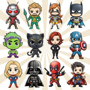 Puede incluir: Una colecci&oacute;n de doce personajes de superh&eacute;roes de estilo caricatura. Los personajes incluyen a Ant-Man, Aquaman, Batgirl, Batman, Beast Boy, Black Panther, Black Widow, Capit&aacute;n Am&eacute;rica, Capitana Marvel, Darth Vader, Deadpool y Doctor Strange.