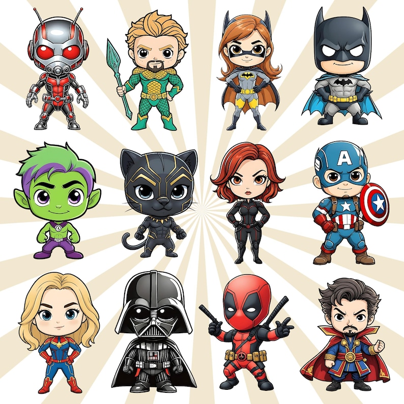 Puede incluir: Una colecci&oacute;n de doce personajes de superh&eacute;roes de estilo caricatura. Los personajes incluyen a Ant-Man, Aquaman, Batgirl, Batman, Beast Boy, Black Panther, Black Widow, Capit&aacute;n Am&eacute;rica, Capitana Marvel, Darth Vader, Deadpool y Doctor Strange.