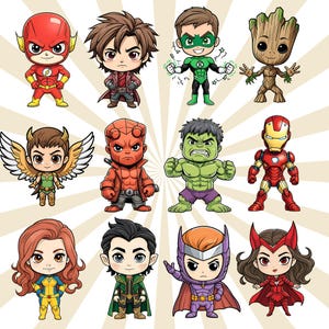 Puede incluir: Una colecci&oacute;n de doce figuras de superh&eacute;roes de dibujos animados, cada una con disfraces y expresiones &uacute;nicas. Los personajes incluyen The Flash, Star-Lord, Green Lantern, Groot, Hawkgirl, Hellboy, Hulk, Iron Man, Jean Grey, Loki, Quicksilver y Scarlet Witch.