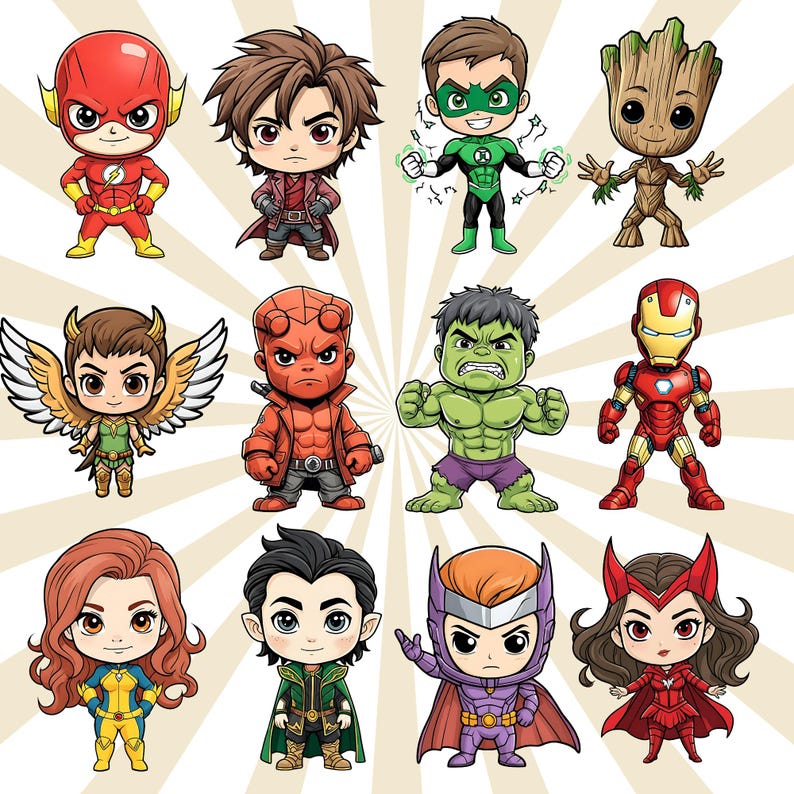 Puede incluir: Una colecci&oacute;n de doce figuras de superh&eacute;roes de dibujos animados, cada una con disfraces y expresiones &uacute;nicas. Los personajes incluyen The Flash, Star-Lord, Green Lantern, Groot, Hawkgirl, Hellboy, Hulk, Iron Man, Jean Grey, Loki, Quicksilver y Scarlet Witch.