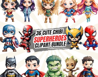 Watercolor Chibi Superheroes Clipart: High-Res PNG (Digital Download)