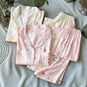 Women's Silk Pyjama Set - Floral Sleepwear | Elegant Botanical PJ Set | Soft Long Sleeve Loungewear | Designed in Melbourne
