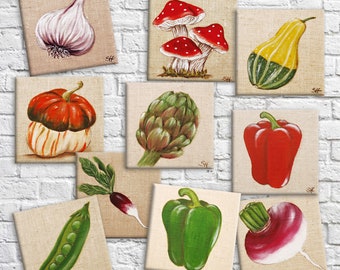 Linen print botanical illustration of vegetable kitchen wall decor