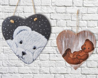 Tableau cœur illustration nounours vintage idée cadeau personnalisable pour déco murale chambre bébé