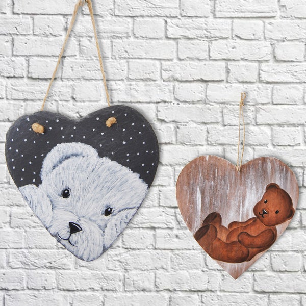 Tableau cœur illustration nounours vintage idée cadeau personnalisable pour déco murale chambre bébé