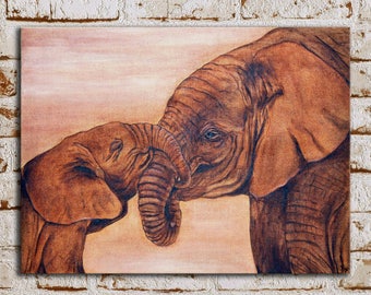 Tableau éléphant peinture acrylique sur toile de lin Décor animaux ethnique
