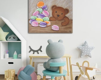 Vintage teddy bear painting for children's room wall decoration